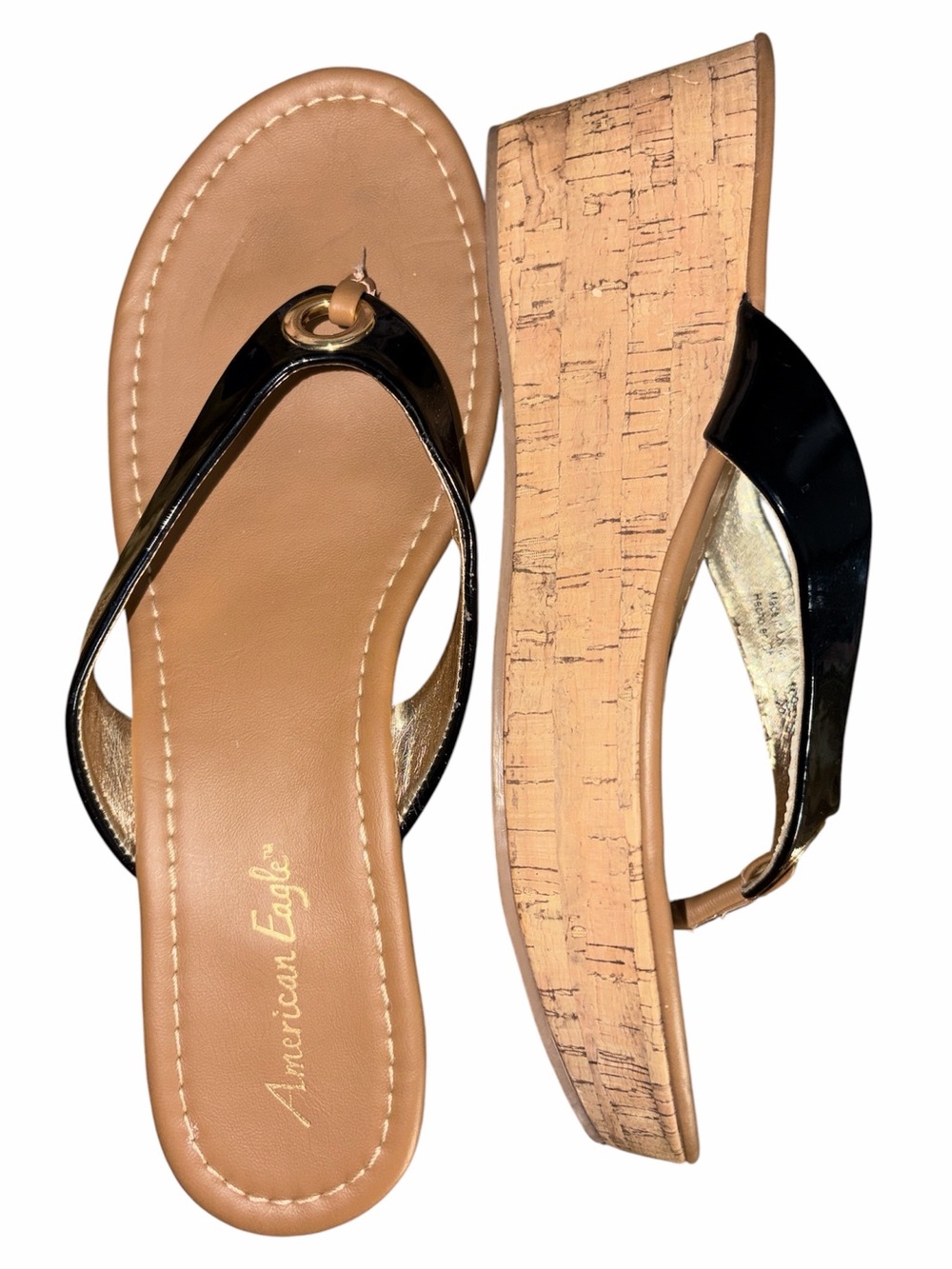 American Eagle Outfitters Black Patent Cork Wedge Flip Sandals 12 - Picture 1 of 6